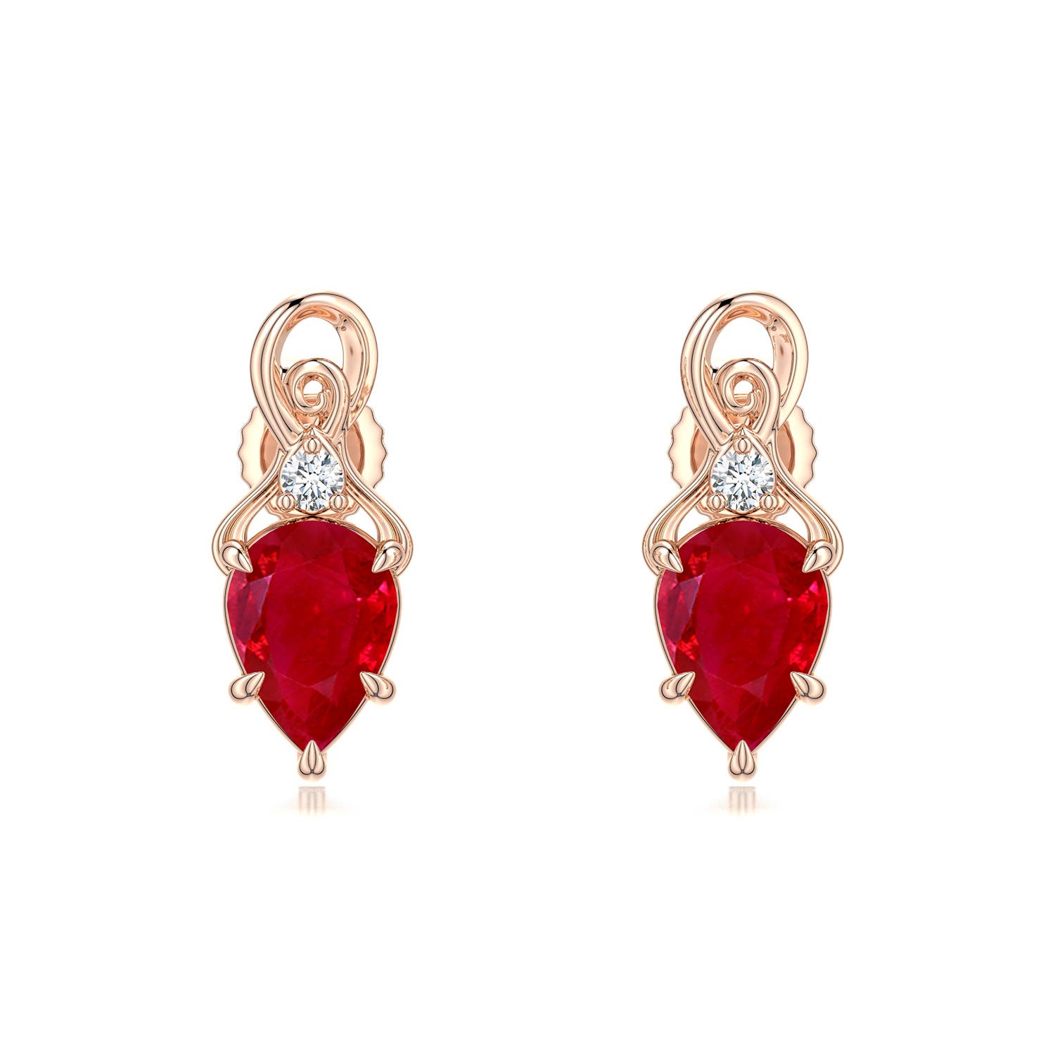 7x5mm AAA Inverted Pear Ruby Swirl Earrings with Diamond Accent in Rose Gold