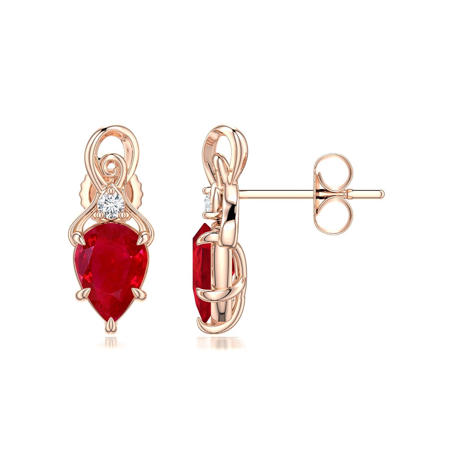 7x5mm AAA Inverted Pear Ruby Swirl Earrings with Diamond Accent in Rose Gold