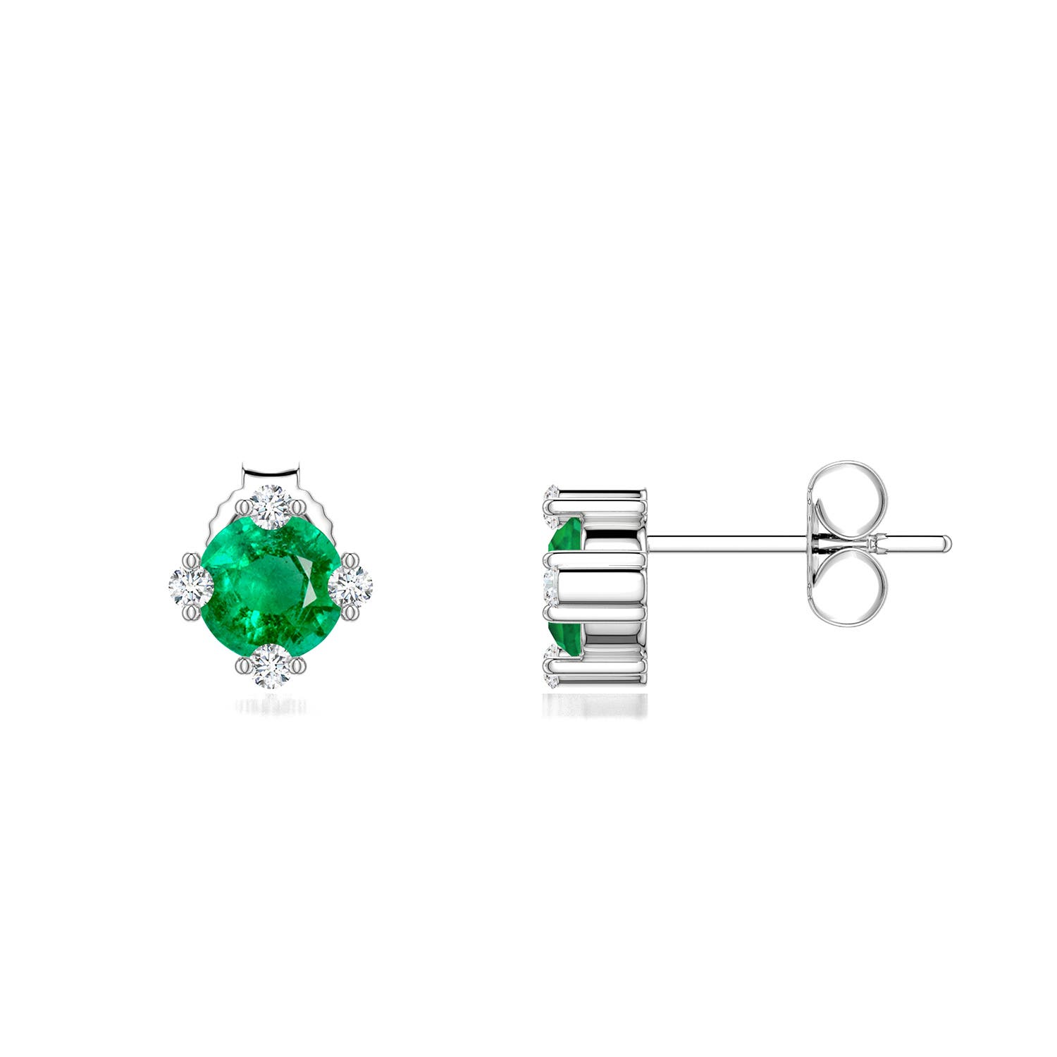 5mm AAA Round Emerald Stud Earrings with Accents in 18K White Gold