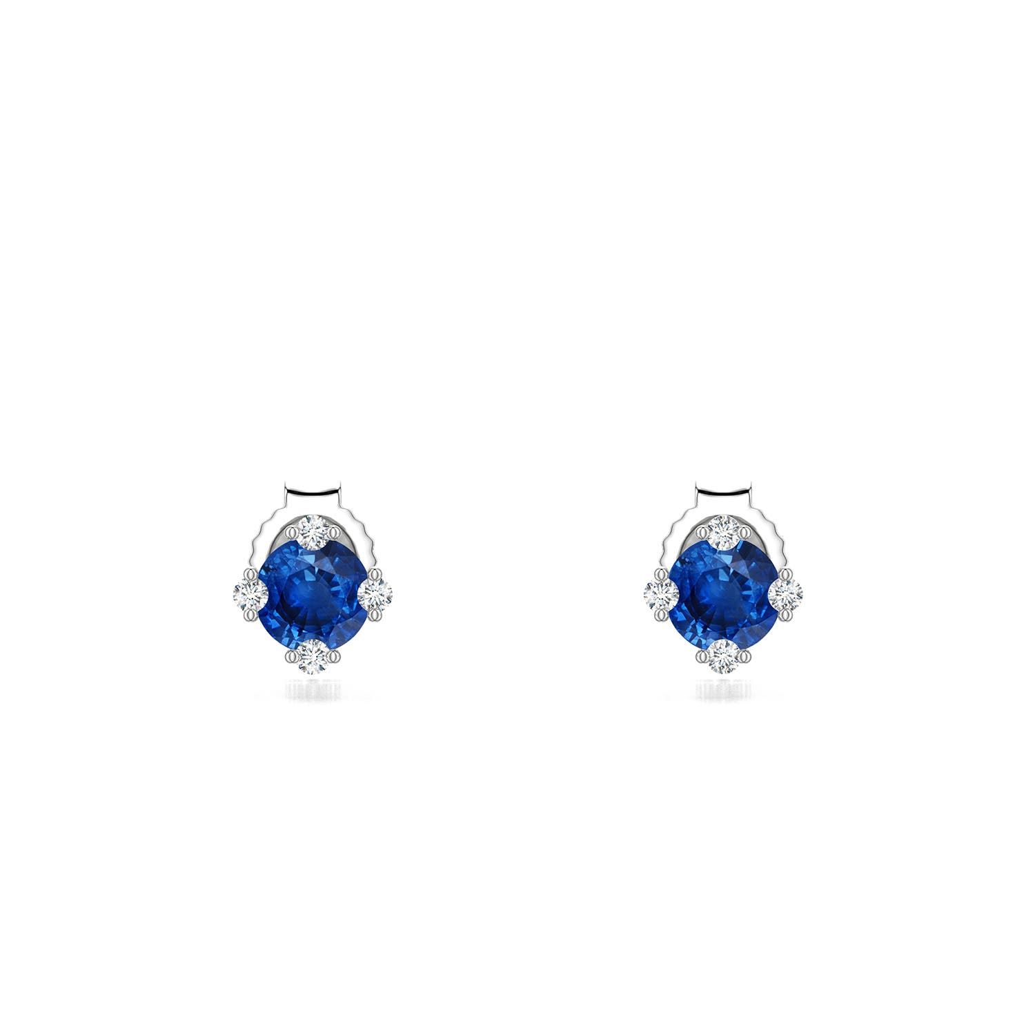 4mm AAA Round Blue Sapphire Stud Earrings with Accents in White Gold