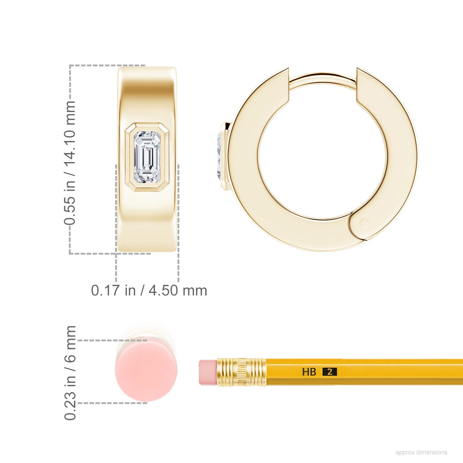 5x3mm HSI2 Emerald-Cut Diamond Men's Octagon Huggie Hoop Earrings in Yellow Gold - ruler