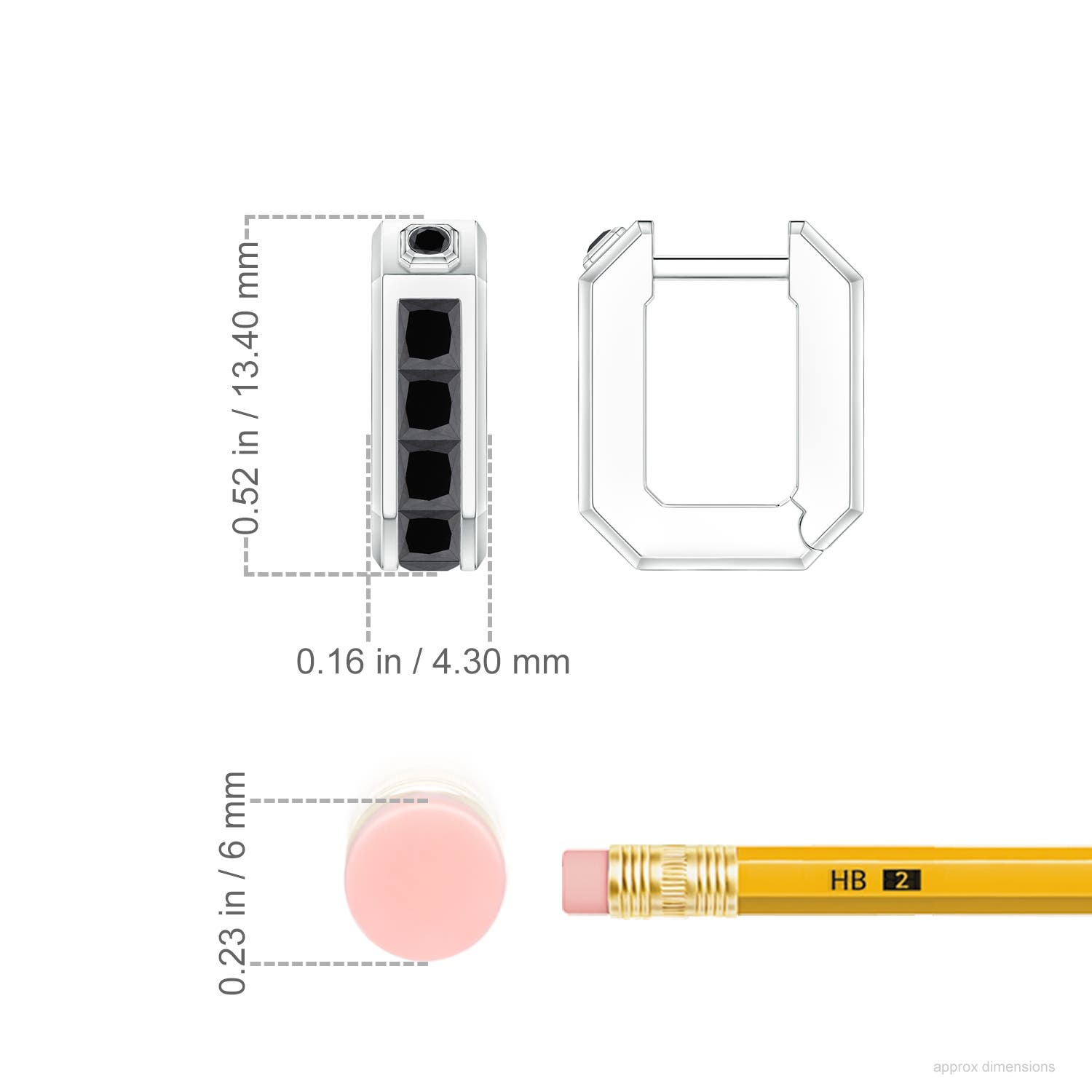 2.5mm AA Princess-Cut Enhanced Black Diamond Men's Octagon Hoop Earrings in White Gold - ruler