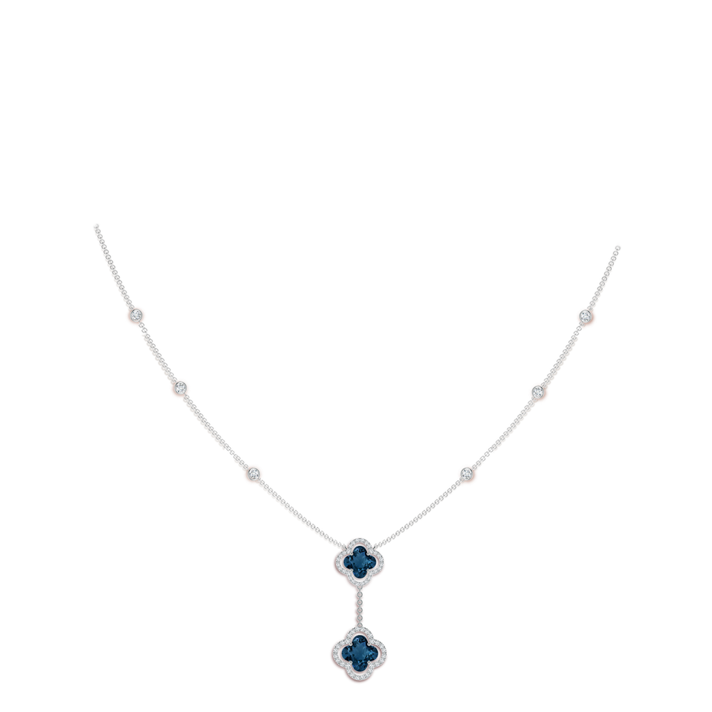 8mm AAAA Clover-Shaped London Blue Topaz Halo Tie Necklace in White Gold Body-Neck