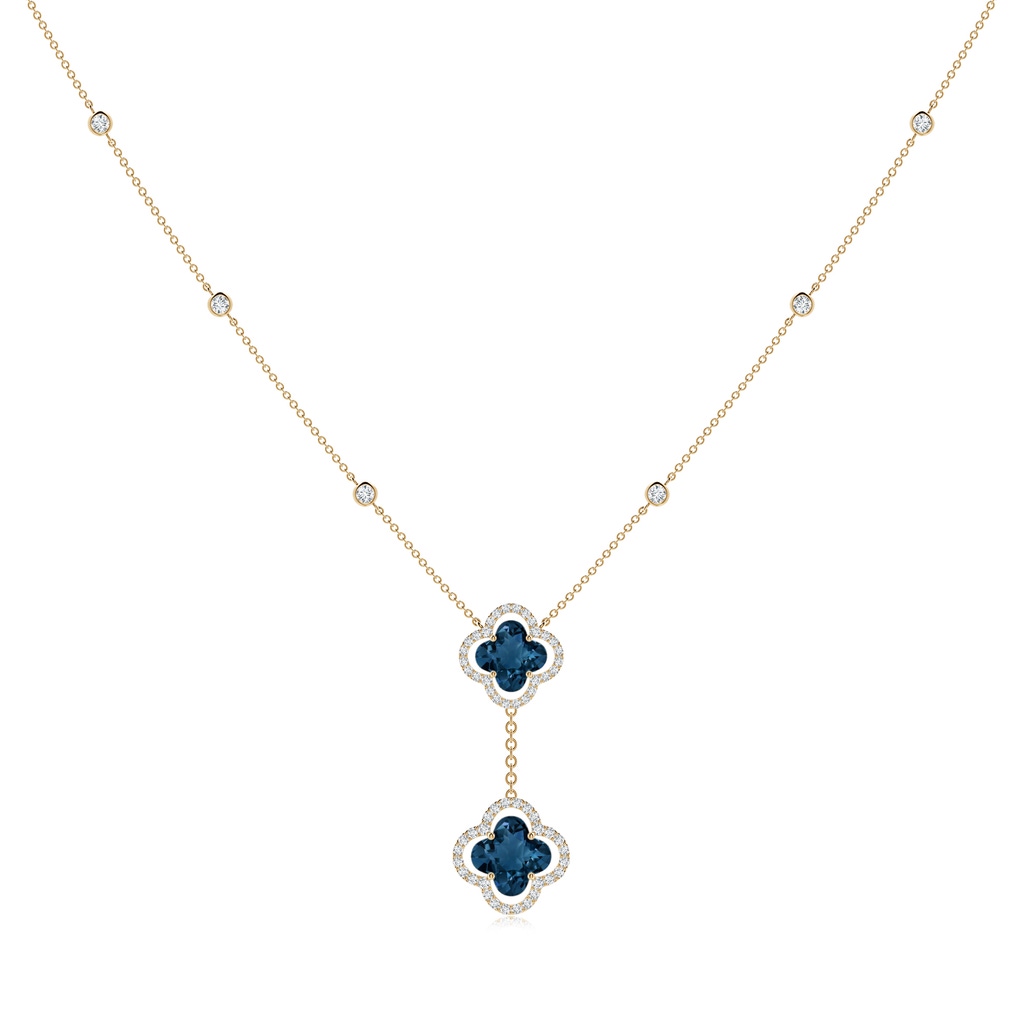 8mm AAAA Clover-Shaped London Blue Topaz Halo Tie Necklace in Yellow Gold
