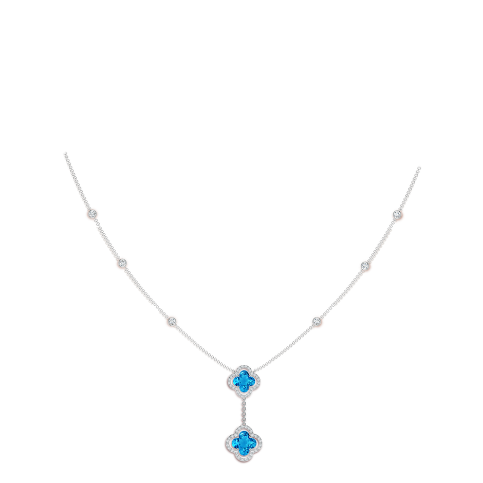 8mm AAAA Clover-Shaped Swiss Blue Topaz Halo Tie Necklace in White Gold body-neck