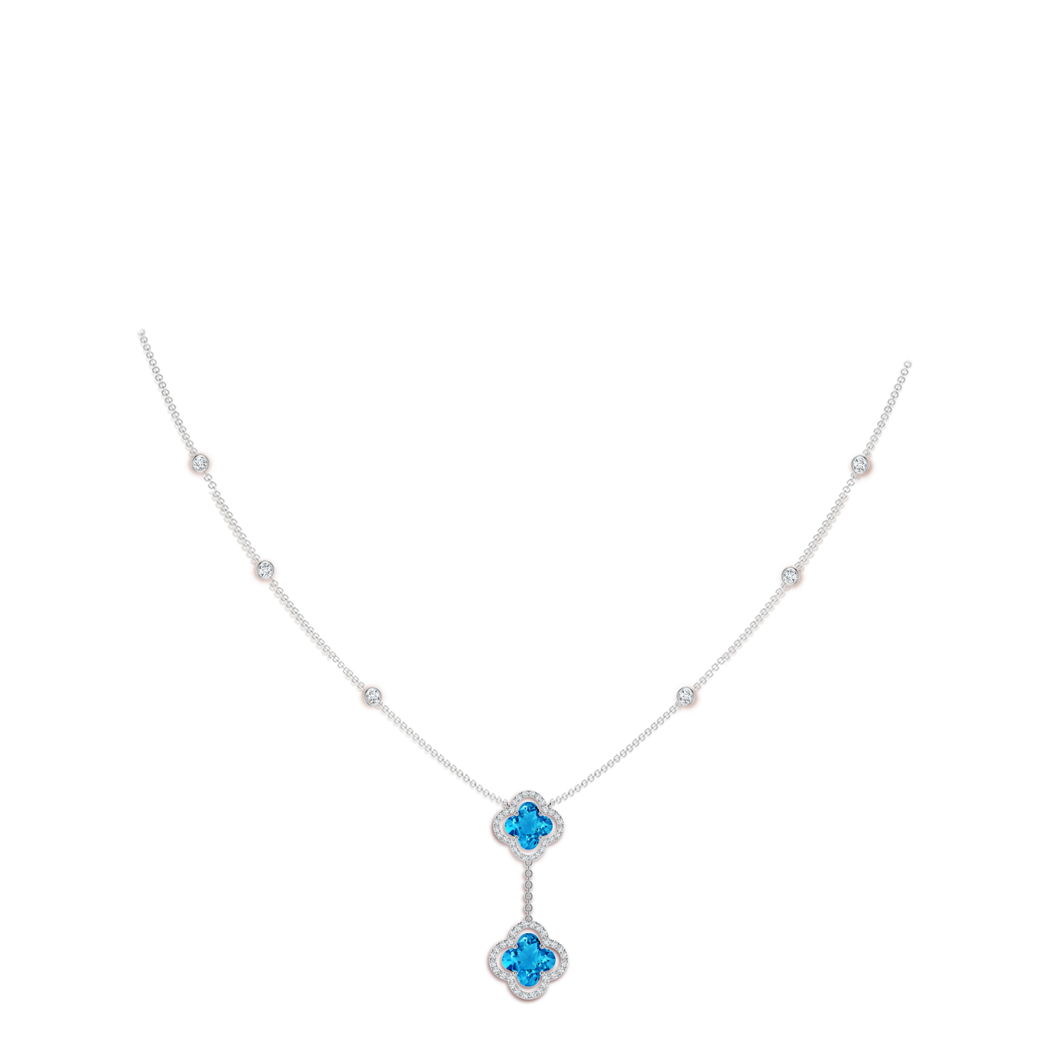 Clover-Shaped Swiss Blue Topaz Halo Tie Necklace | Angara