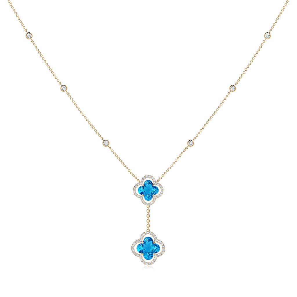 8mm AAAA Clover-Shaped Swiss Blue Topaz Halo Tie Necklace in Yellow Gold