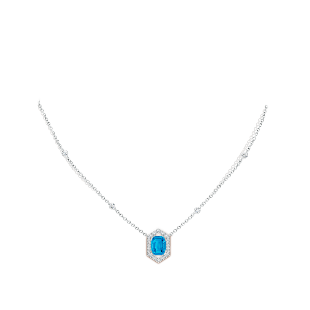 10x8mm AAAA Barrel-Shaped Swiss Blue Topaz and Diamond Station Necklace in White Gold Body-Neck