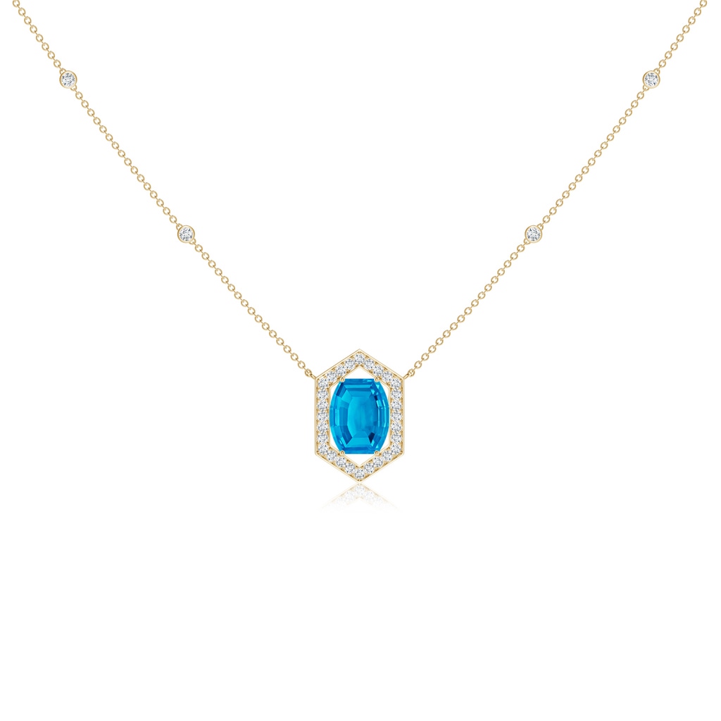 10x8mm AAAA Barrel-Shaped Swiss Blue Topaz and Diamond Station Necklace in Yellow Gold