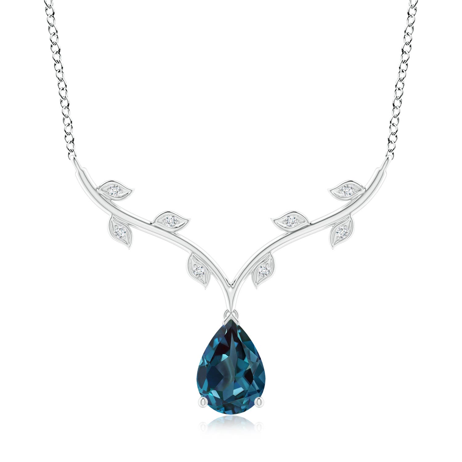 10x7mm Labgrown Pear-Shaped Lab-Grown Alexandrite Necklace with Leaf Motifs in 18K White Gold