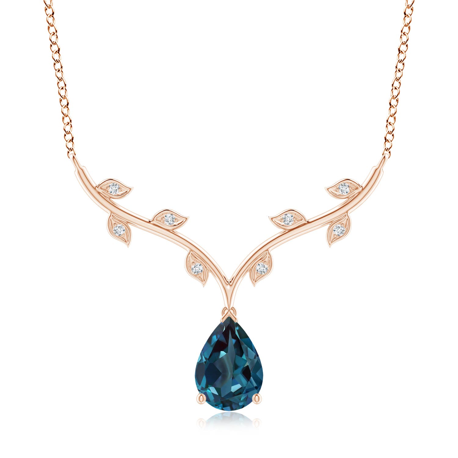 10x7mm Labgrown Pear-Shaped Lab-Grown Alexandrite Necklace with Leaf Motifs in Rose Gold
