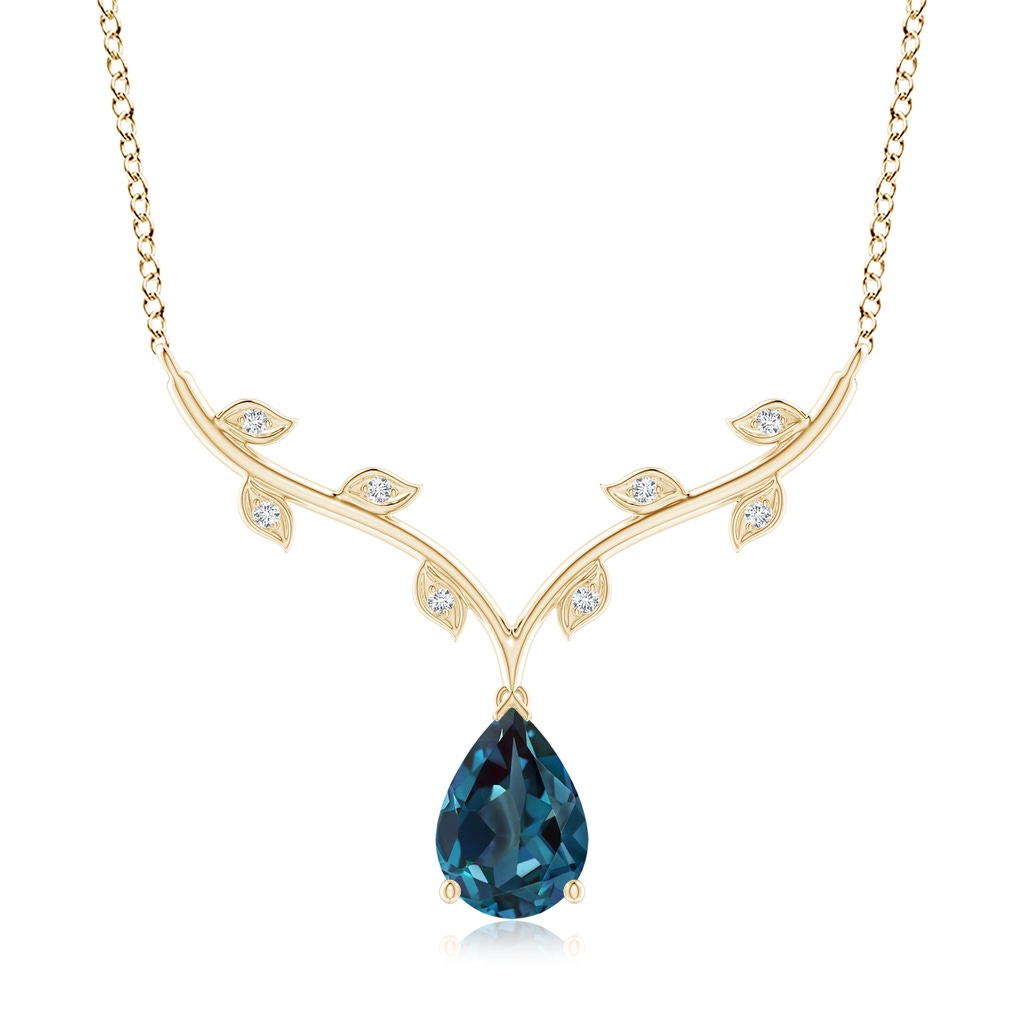 10x7mm Labgrown Pear-Shaped Lab-Grown Alexandrite Necklace with Leaf Motifs in Yellow Gold