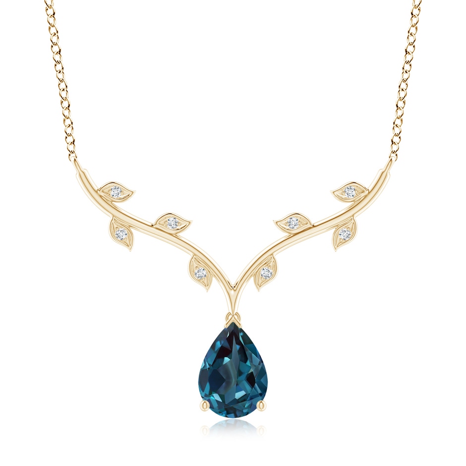10x7mm Labgrown Pear-Shaped Lab-Grown Alexandrite Necklace with Leaf Motifs in Yellow Gold 