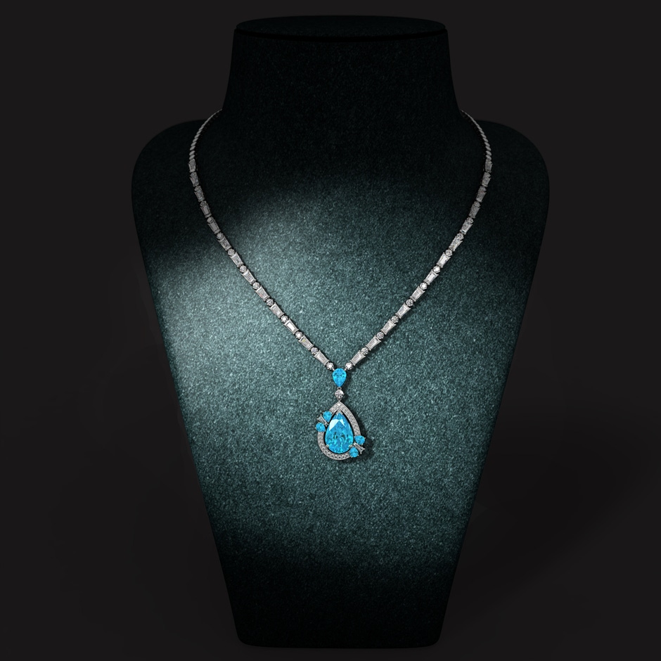 15x9mm Labgrown Aurora Pear Lab-Grown Fancy Intense Blue Diamond Halo Necklace in 18K White Gold pen