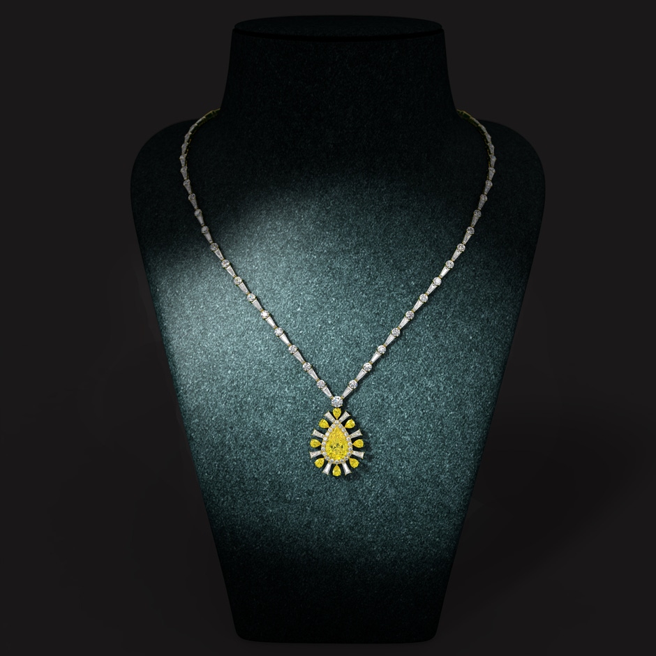 12x8mm Labgrown Aurora Pear Lab-Grown Fancy Intense Yellow Diamond Sunburst Statement Necklace with Accents in 18K Yellow Gold pen