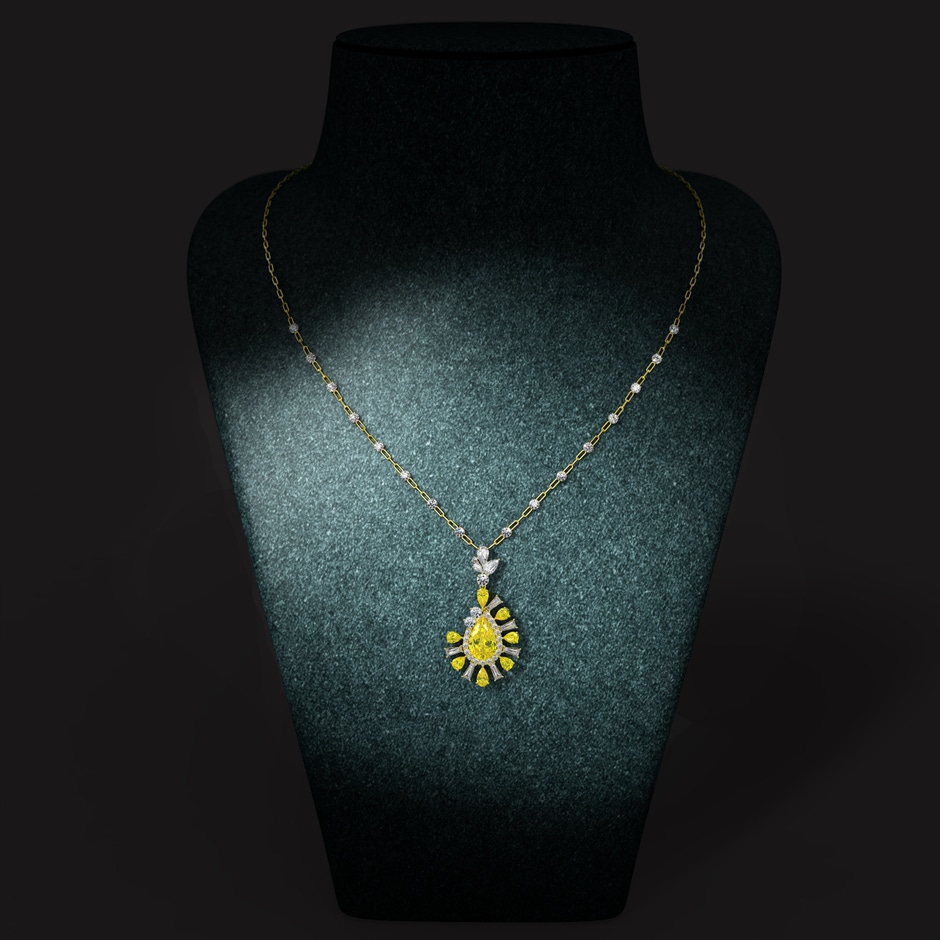 11x7mm Labgrown Aurora Lab-Grown Fancy Intense Yellow Diamond Fragmented Drop Statement Necklace in 18K Yellow Gold pen