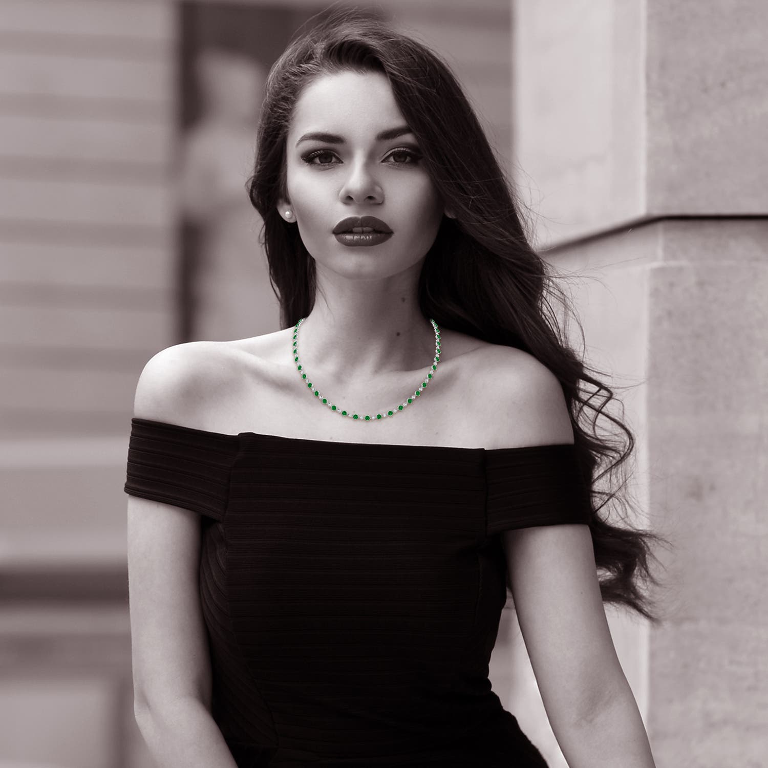 4mm Labgrown Lab-Grown Emerald and Diamond Adjustable Station Necklace in White Gold - lifestyle 2