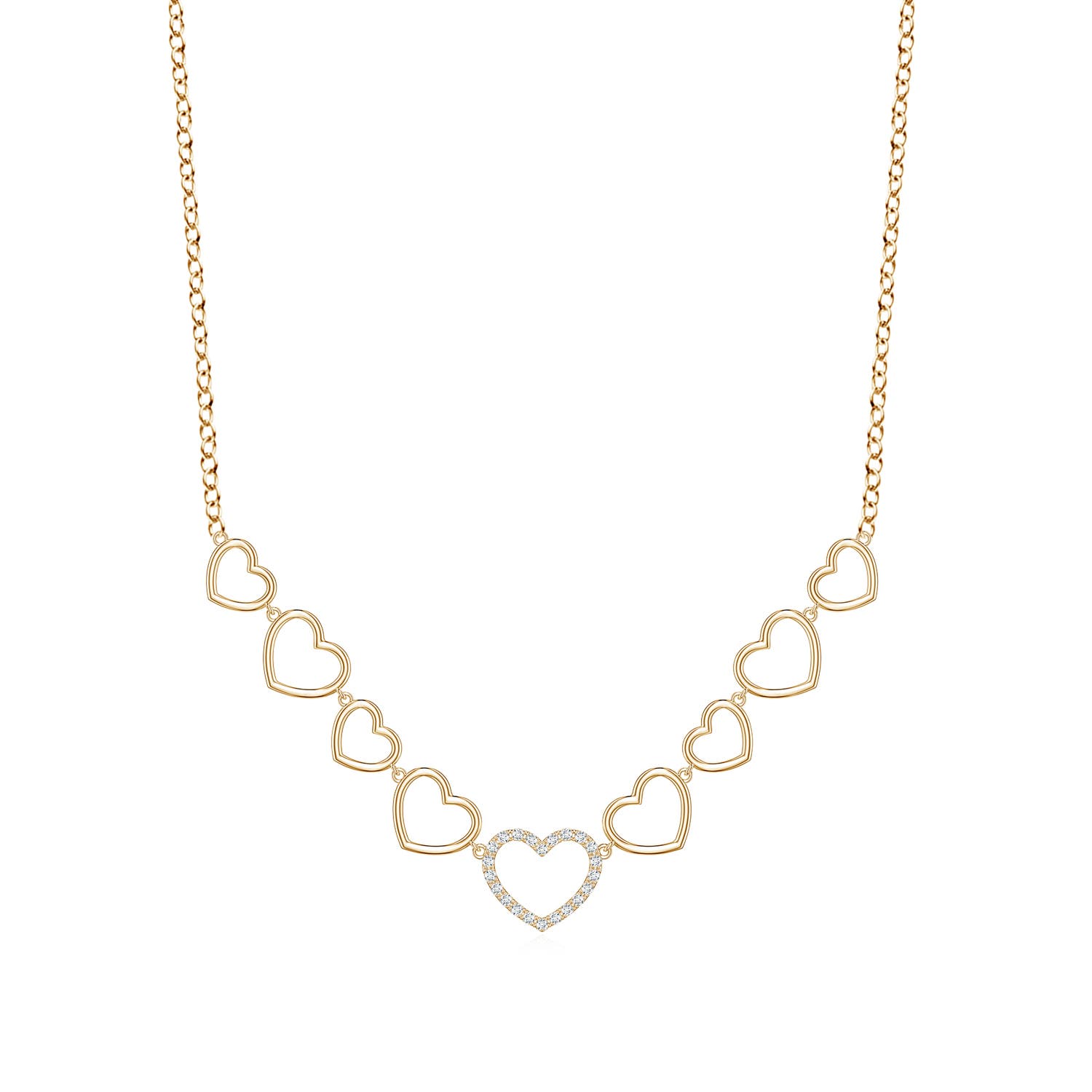1.05mm FGVS U-Pavé Lab-Grown Diamond Alternating Size Open Heart Necklace in Yellow Gold