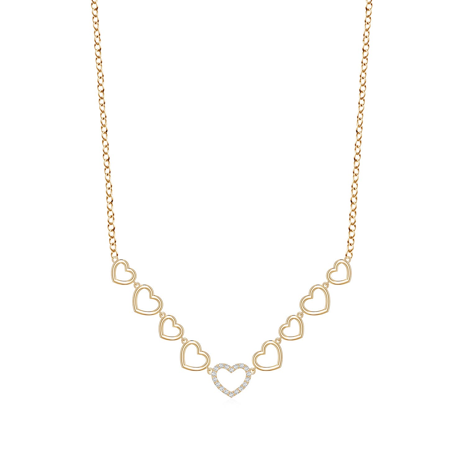 1mm FGVS U-Pavé Lab-Grown Diamond Alternating Size Open Heart Necklace in Yellow Gold