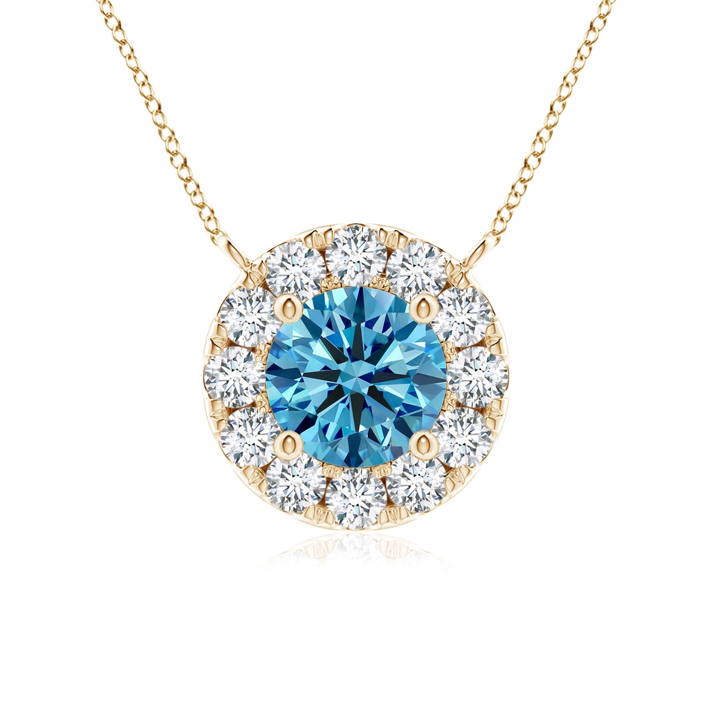 4.5mm Labgrown Round Lab-Grown Fancy Intense Blue Diamond Necklace with Halo in Yellow Gold