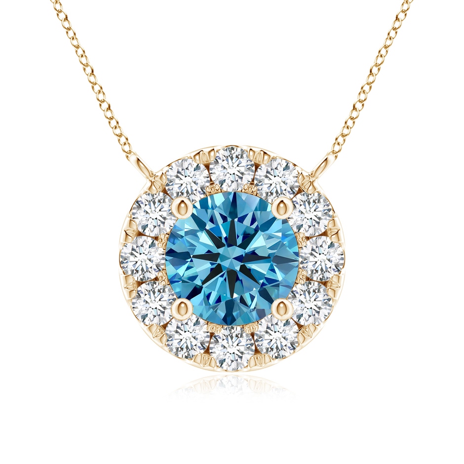 5.1mm Labgrown Round Lab-Grown Fancy Intense Blue Diamond Necklace with Halo in Yellow Gold 