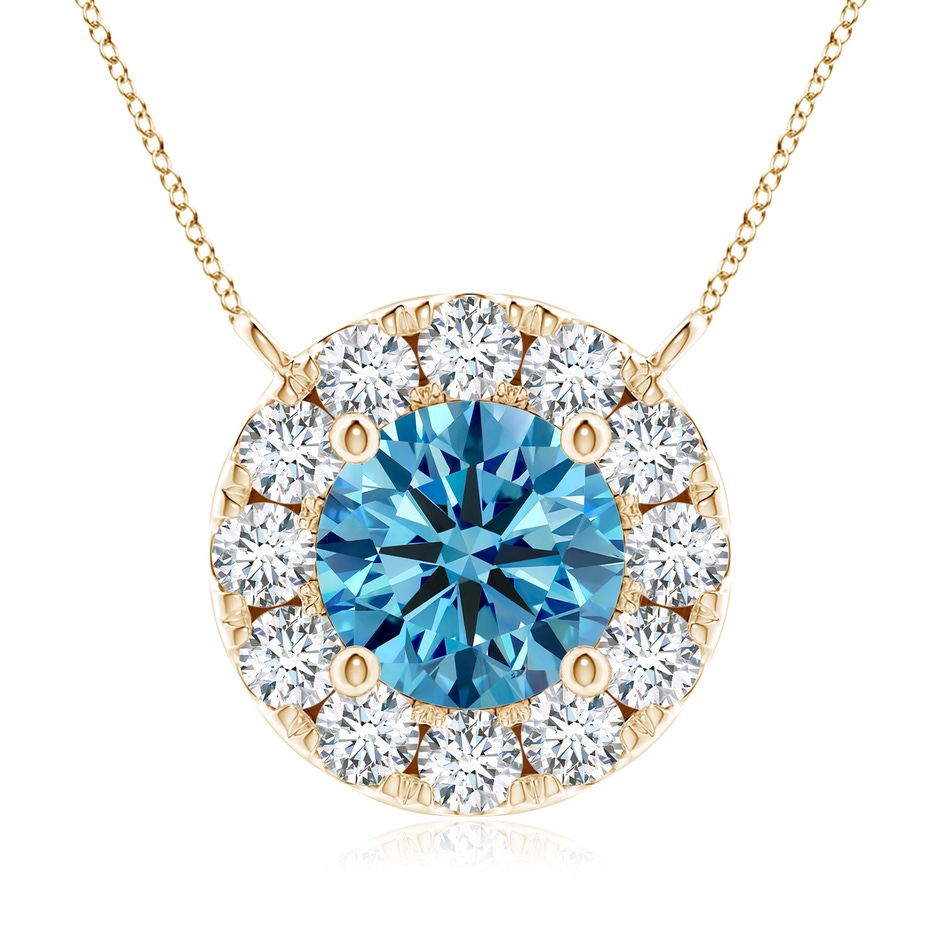 5.8mm Labgrown Round Lab-Grown Fancy Intense Blue Diamond Necklace with Halo in Yellow Gold 