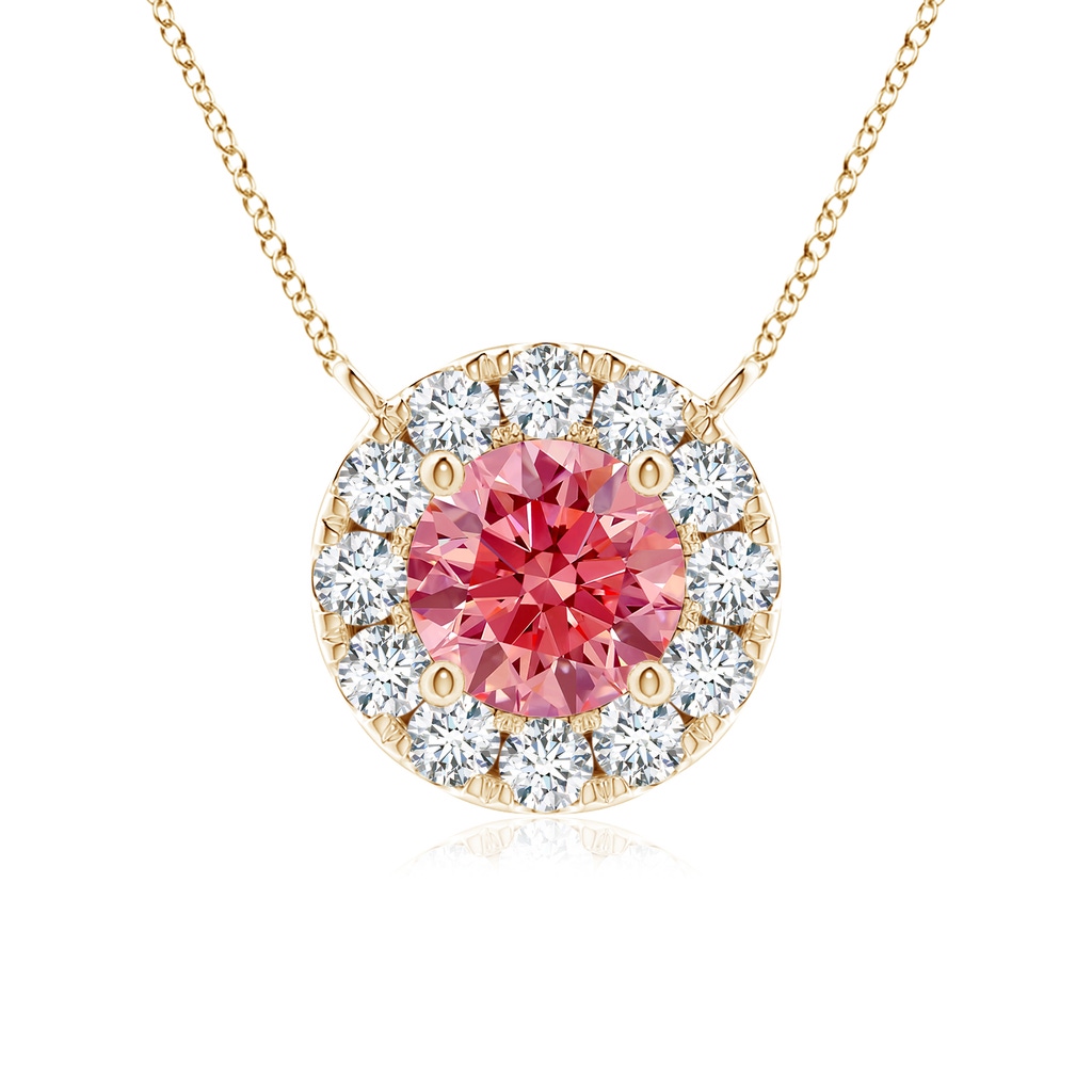 4.5mm Labgrown Round Lab-Grown Fancy Intense Pink Diamond Necklace with Halo in Yellow Gold