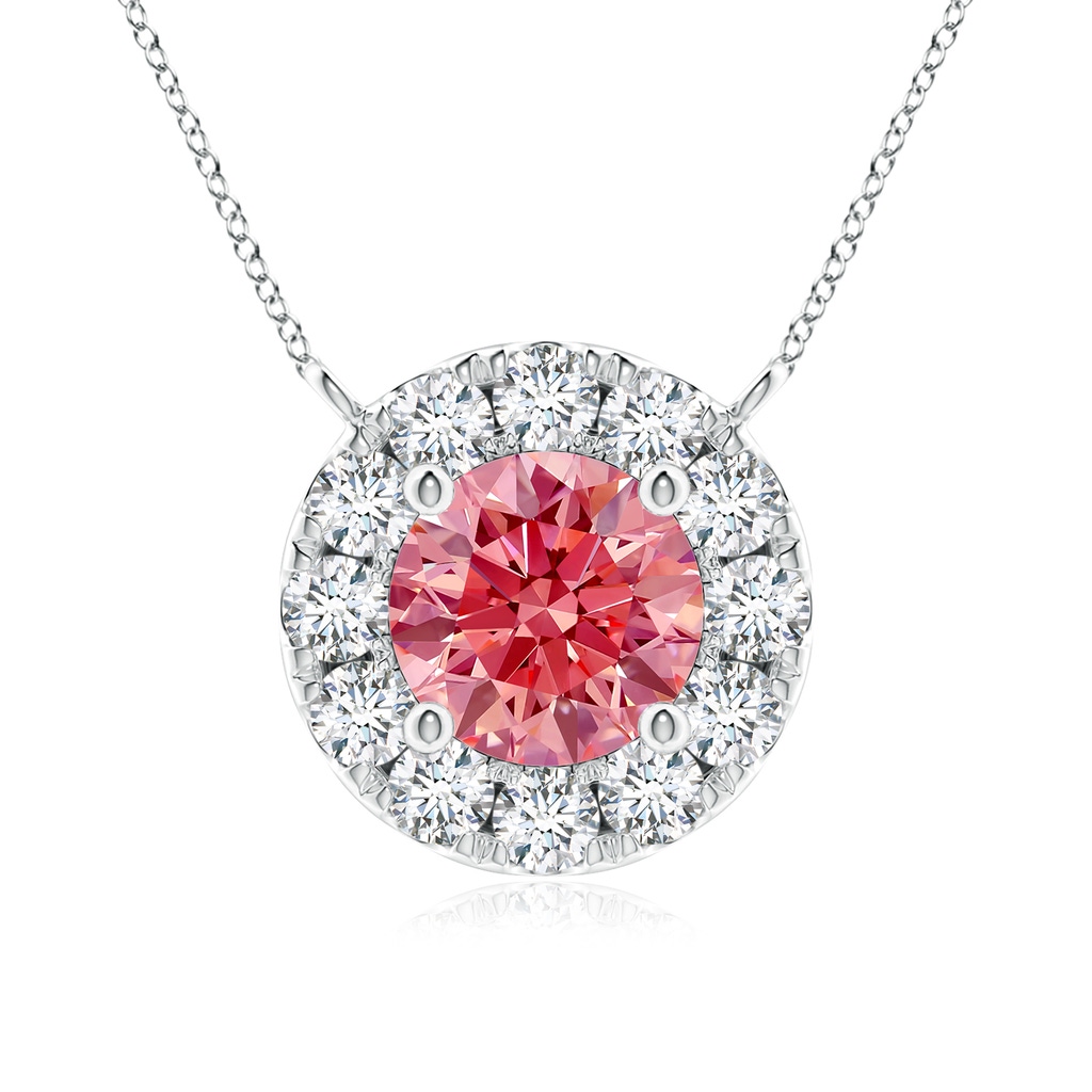 5.1mm Labgrown Round Lab-Grown Fancy Intense Pink Diamond Necklace with Halo in White Gold