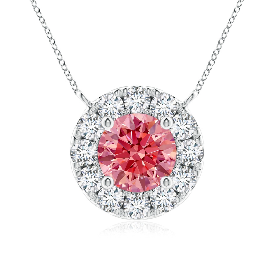 5.1mm Labgrown Round Lab-Grown Fancy Intense Pink Diamond Necklace with Halo in White Gold 