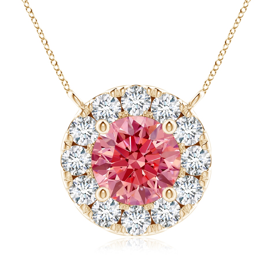 5.8mm Labgrown Round Lab-Grown Fancy Intense Pink Diamond Necklace with Halo in 18K Yellow Gold 