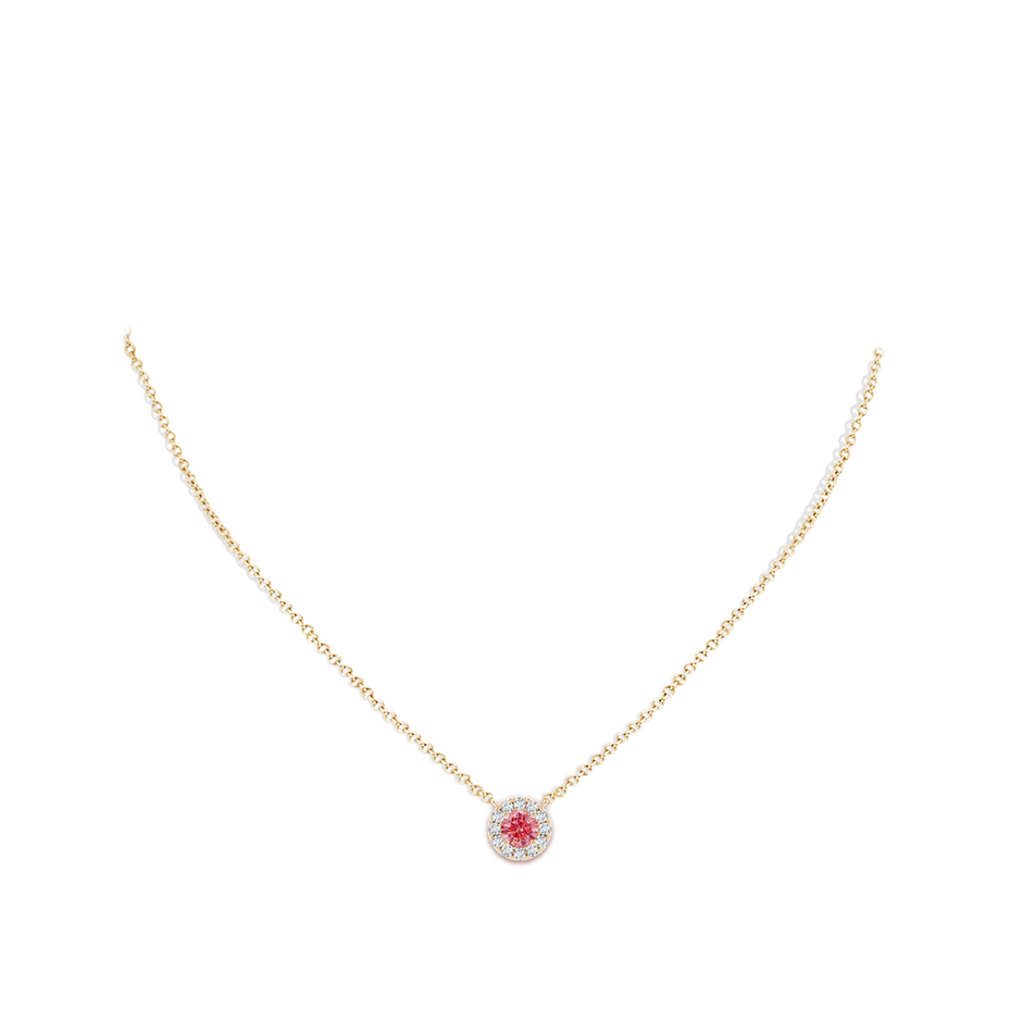 5.8mm Labgrown Round Lab-Grown Fancy Intense Pink Diamond Necklace with Halo in 18K Yellow Gold pen