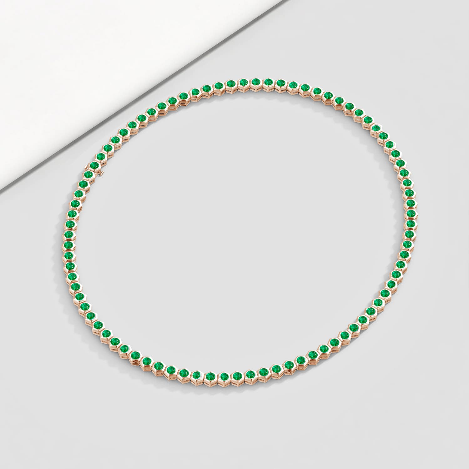 3mm AAA Natori x Angara Hexagonal Bezel-Set Emerald Tennis Necklace in Rose Gold - lifestyle 2