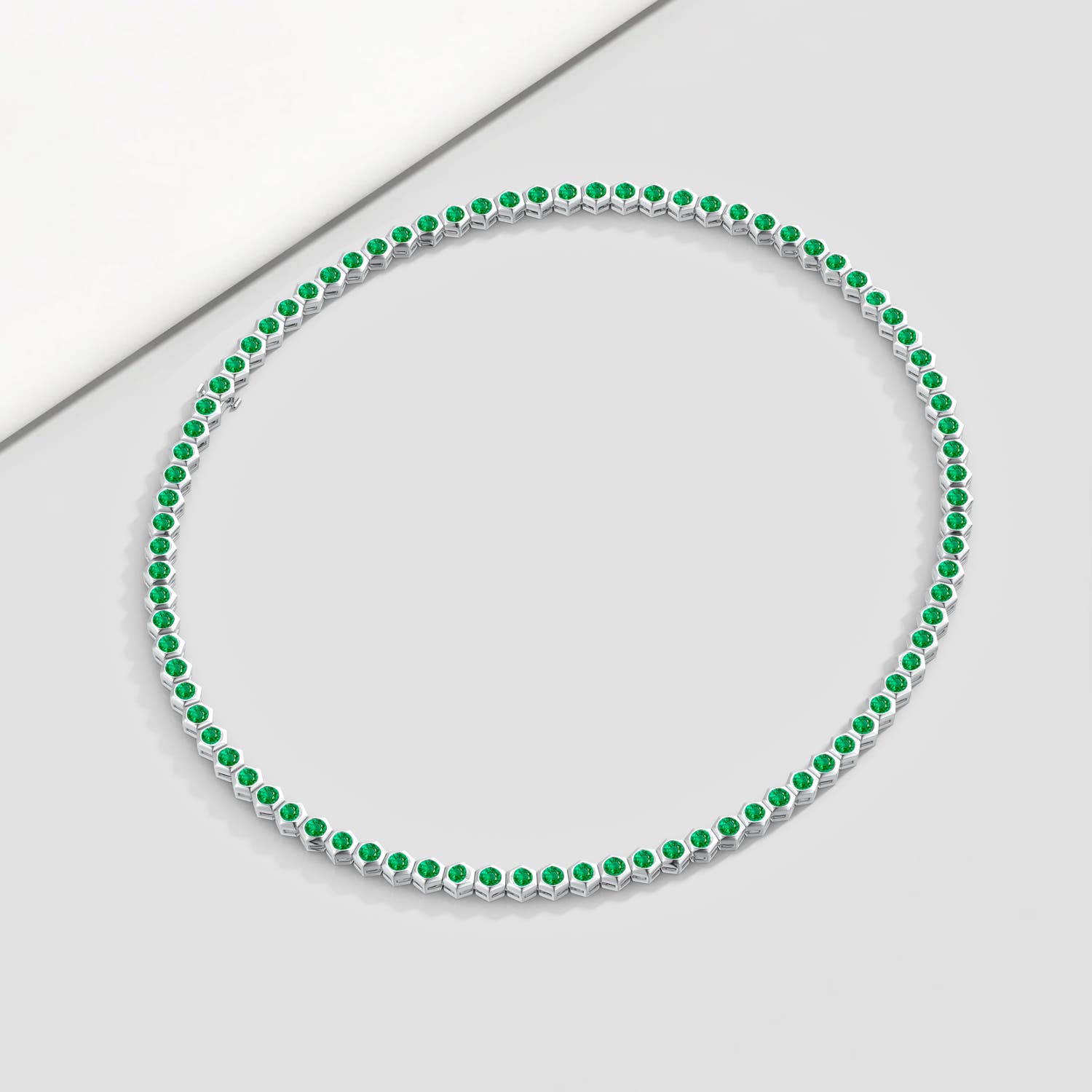 3mm AAA Natori x Angara Hexagonal Bezel-Set Emerald Tennis Necklace in White Gold - lifestyle 2