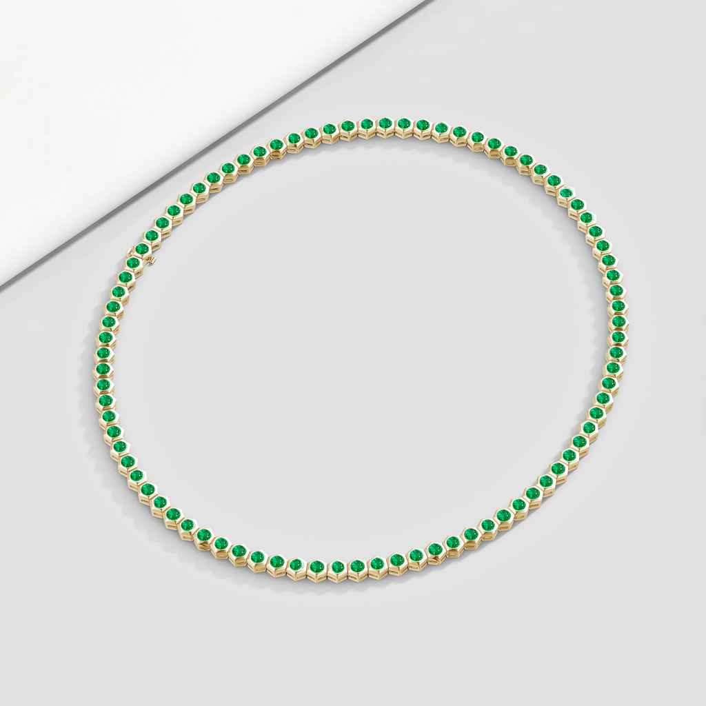 3mm AAA Natori x Angara Hexagonal Bezel-Set Emerald Tennis Necklace in Yellow Gold Lifestyle