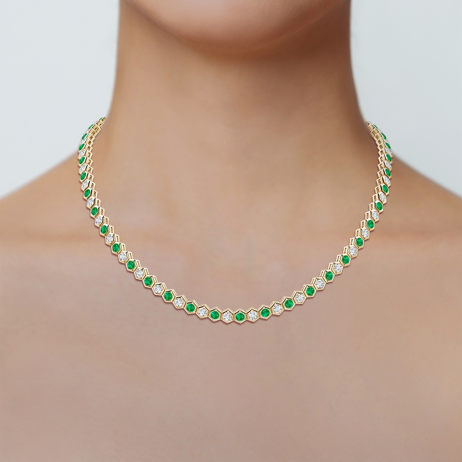 3mm AAA Natori x Angara Hexagonal Emerald and Diamond Tennis Necklace in Yellow Gold body-neck