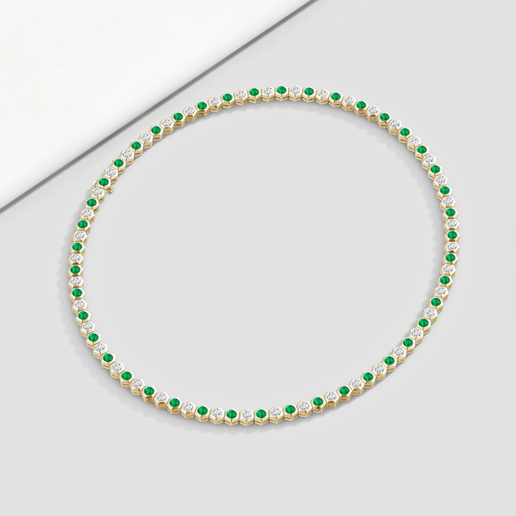 3mm AAA Natori x Angara Hexagonal Emerald and Diamond Tennis Necklace in Yellow Gold Lifestyle