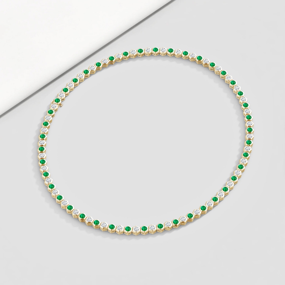 3mm AAA Natori x Angara Hexagonal Emerald and Diamond Tennis Necklace in Yellow Gold lifestyle