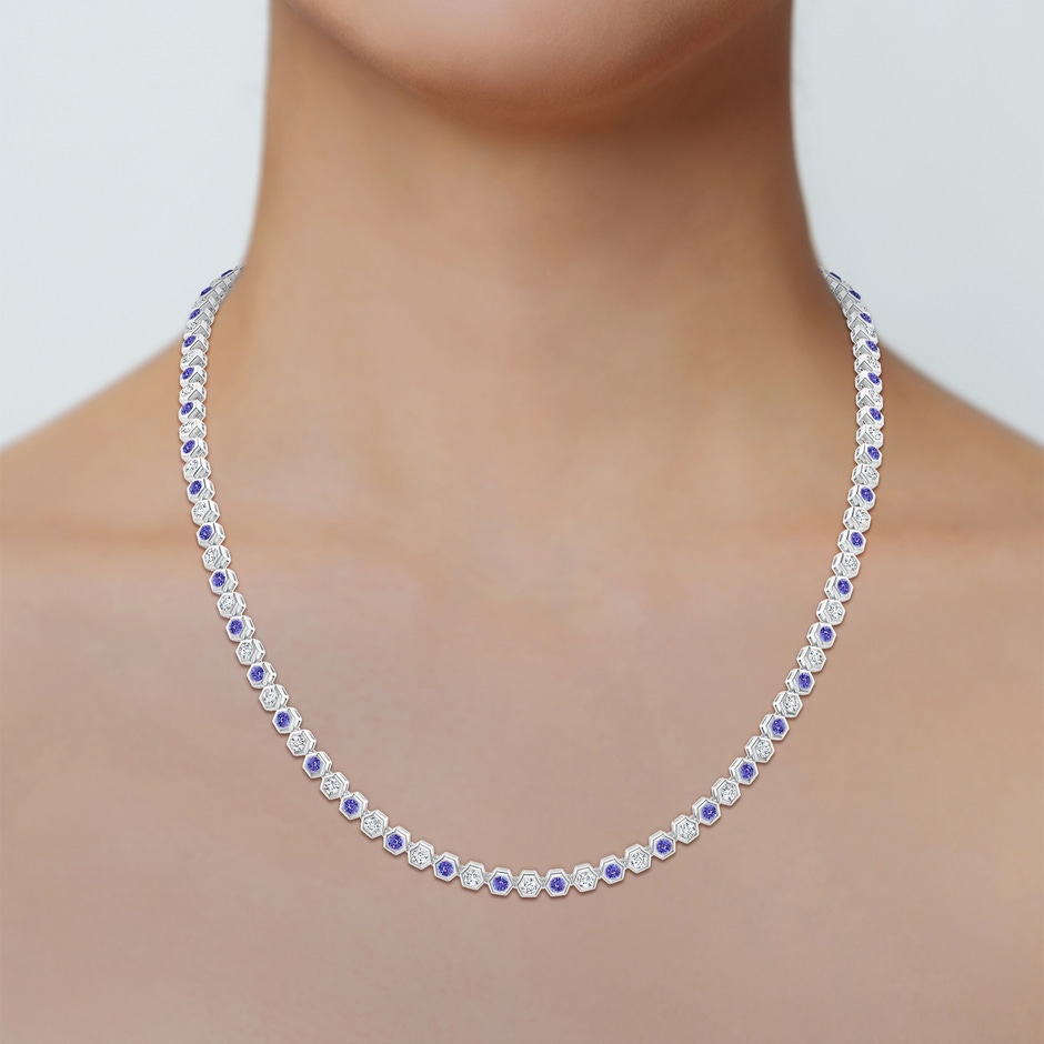 3mm AAA Natori x Angara Tanzanite and Diamond Hexagonal Tennis Necklace in White Gold body-neck