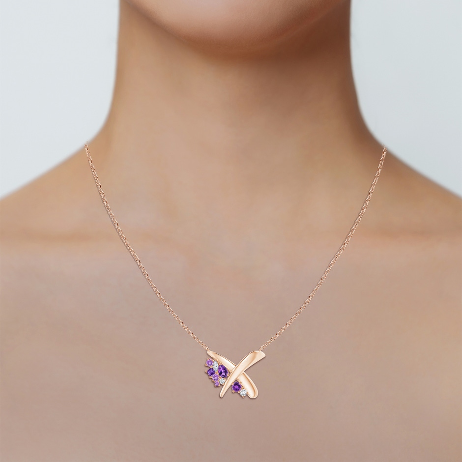 6x4mm AAA Natori x Angara Multi-Shape Waterfall Amethyst & Diamond Sumi Stroke Pendant in Rose Gold body-neck