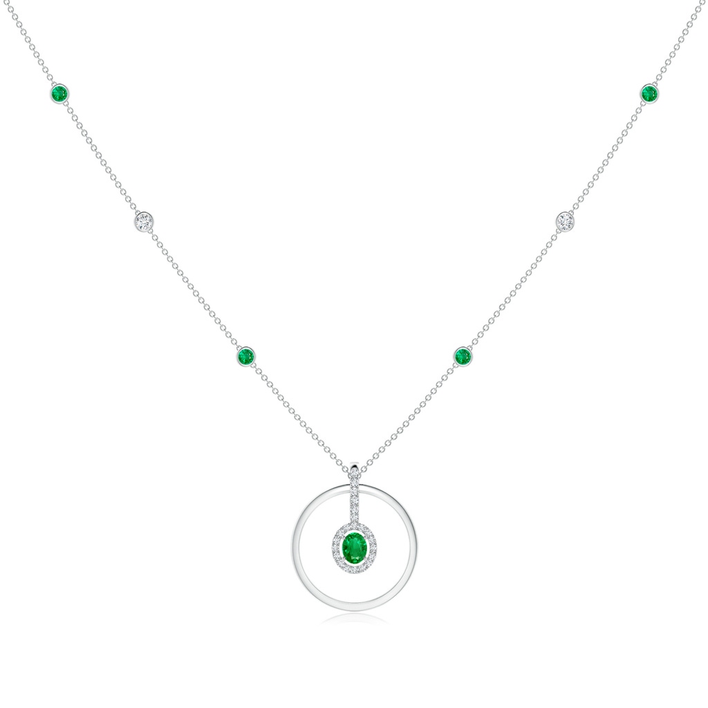 5x4mm AAA Oval Emerald and Diamond Halo Geometric Necklace in White Gold