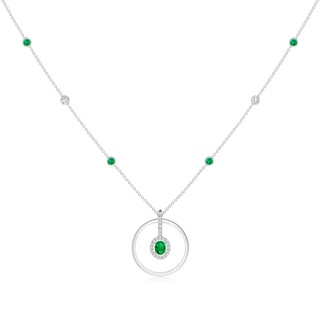5x4mm AAA Oval Emerald and Diamond Halo Geometric Necklace in White Gold