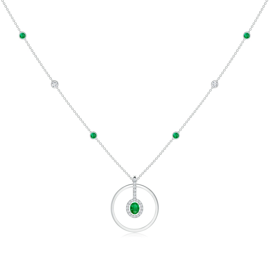 5x4mm AAA Oval Emerald and Diamond Halo Geometric Necklace in White Gold 