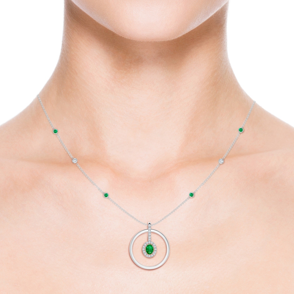 5x4mm AAA Oval Emerald and Diamond Halo Geometric Necklace in White Gold body-neck