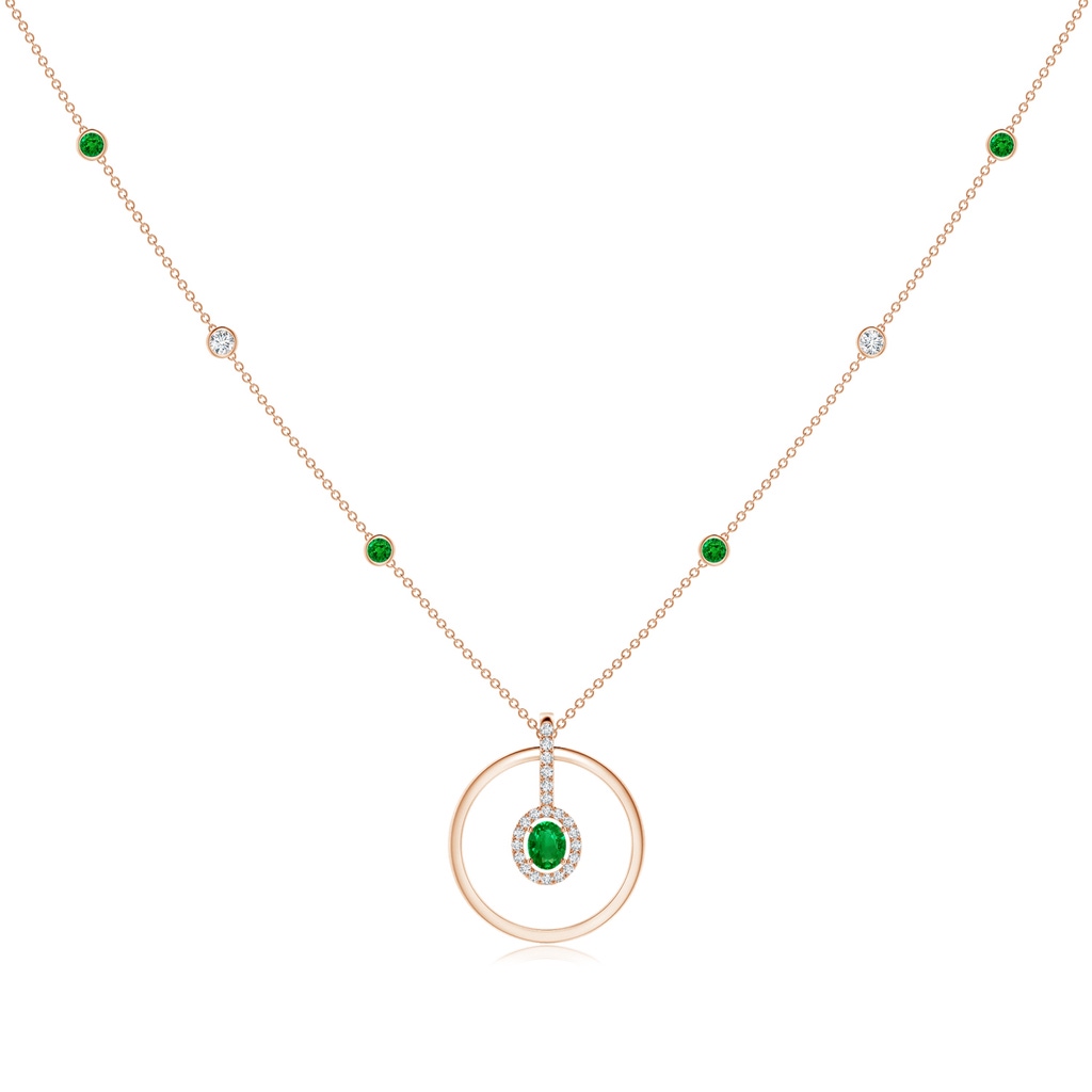 5x4mm AAAA Oval Emerald and Diamond Halo Geometric Necklace in Rose Gold