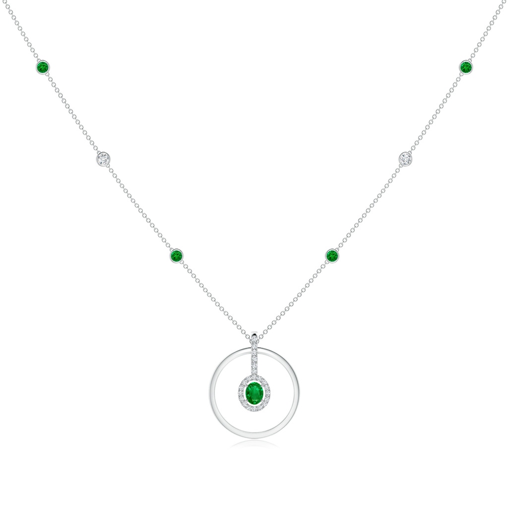 5x4mm Lab-Grown Oval Emerald and Diamond Halo Geometric Necklace in White Gold