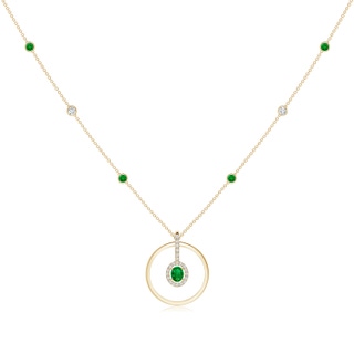 5x4mm AAAA Oval Emerald and Diamond Halo Geometric Necklace in Yellow Gold