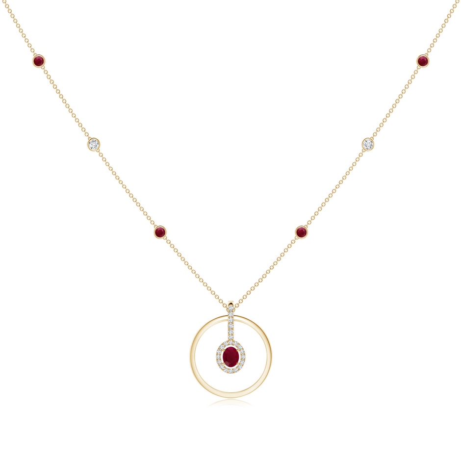 5x4mm A Oval Ruby and Diamond Halo Geometric Necklace in Yellow Gold 