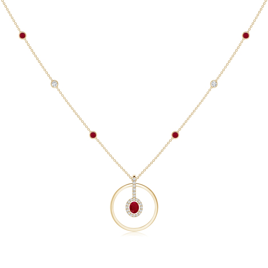 5x4mm AA Oval Ruby and Diamond Halo Geometric Necklace in Yellow Gold 