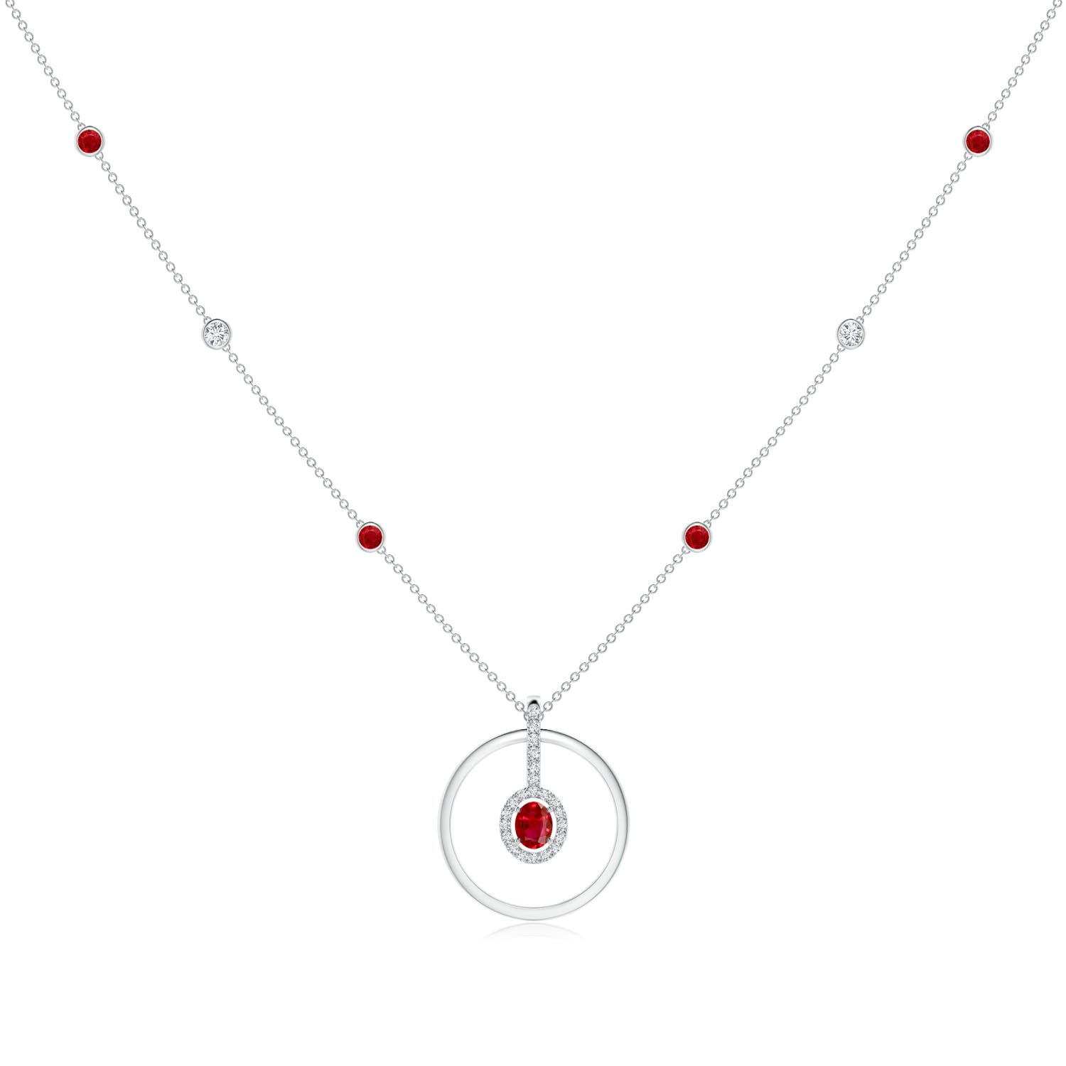 Oval Ruby and Diamond Halo Geometric Necklace | Angara
