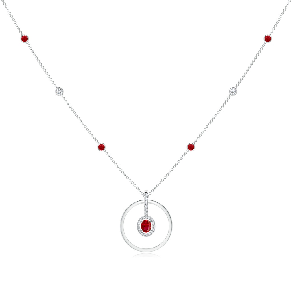 5x4mm AAA Oval Ruby and Diamond Halo Geometric Necklace in White Gold